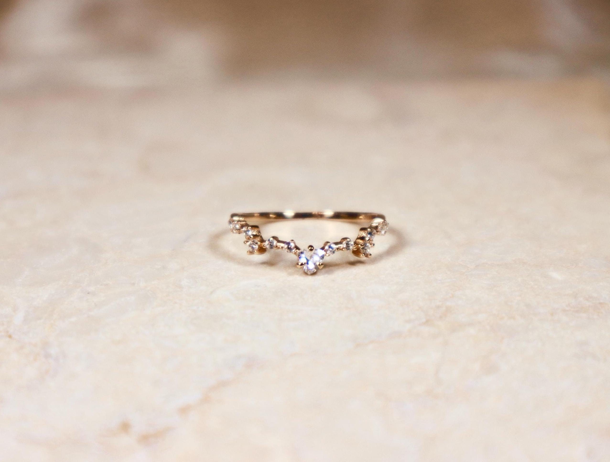 Dainty V Shape Diamond Stackable 14K Gold Plated S925 Silver CZ Ring, Vintage Style Stacking Ring Gift for Her Minimalist Anniversary
