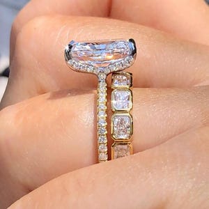 3 CT Radiant Cut Moissanite Engagement Ring, Full Eternity Matching Wedding Band, Hidden Halo Bridal Ring Set, Anniversary Gift For Her