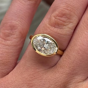 Bezel Set 3 CT Oval Cut Moissanite Diamond Ring East To West Set Solitaire Ring 14k Solid Gold Wedding Ring Anniversary Ring Thank You Gift