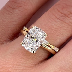 2.50 CT Cushion Cut Moissanite Engagement Ring | Baguette Side Stone | Luxury  Vintage Style Promise Ring | Classic And Modern Jewelry