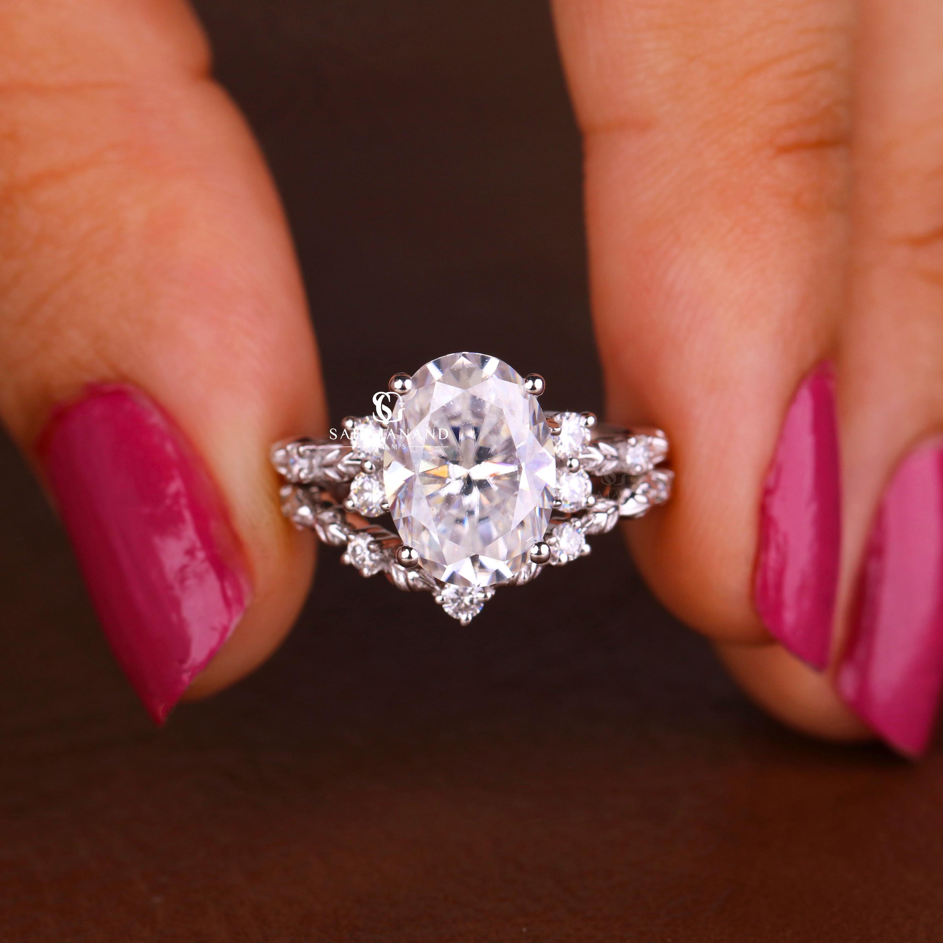 3 CT Oval Cut Moissanite Engagement Ring, Gold Full Eternity Matching ...
