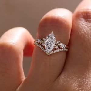 2 CT Marquise Moissanite Diamond engagement ring set Unique Rose gold ring Diamond ring leaf band Bridal Set Promise Ring Anniversary Ring