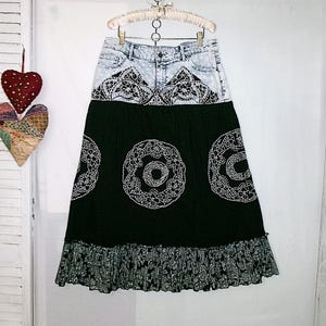 Jeans Skirt, Upcycled Denim & Fabric, Lace and Patchwork, Romantic Boho Style Skirt