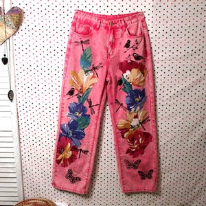 Pink Jeans with Patchwork, Hippie Style Clothing, Artistic Applique Fashion with Painted Details