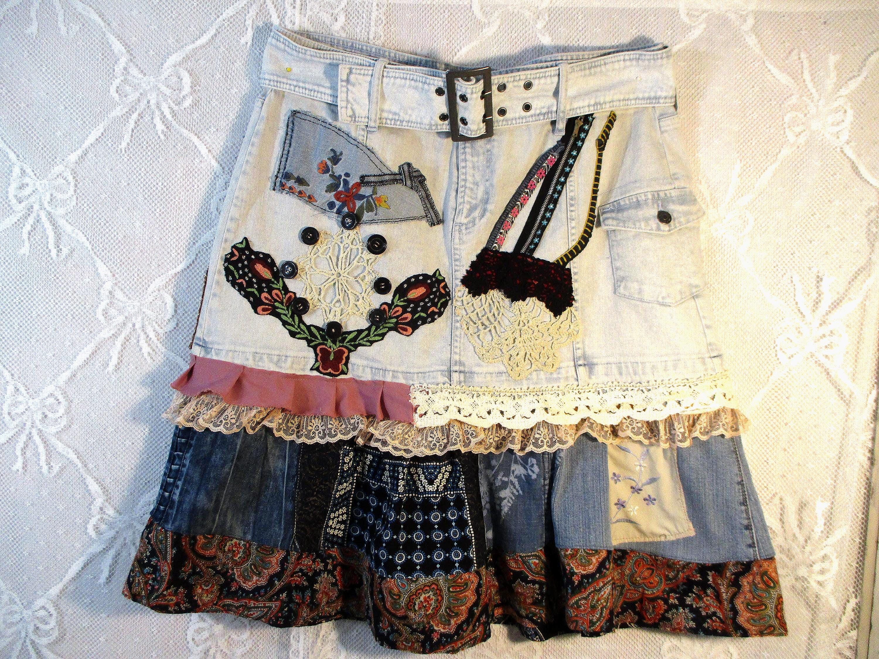 Denim Patchwork Mini Skirt - Etsy