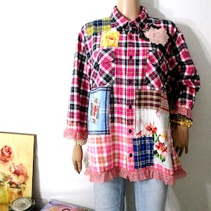 Upcycled Flannel Shirt, Size XXL, Tunic Pink Cotton Plaid Shirt with Patches