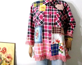 Upcycled Flannel Shirt, Size XXL, Tunic Pink Cotton Plaid Shirt with Patches