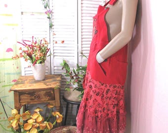 Upcycled Denim Dress, Adjustable Bib Overalls, Floral Ruffle Skirt