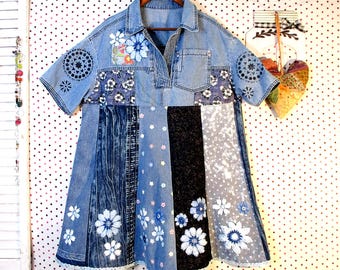 Denim Cotton Tunic/Dress, Hippie Bohemian Style Patchwork OOAK, Art Patch, Recycled Women Clothing