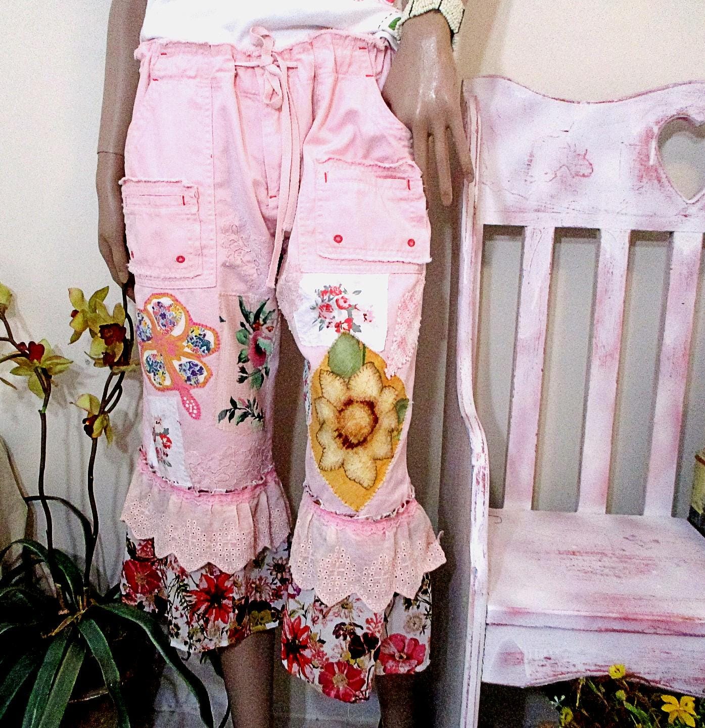 Pants Ruffled Pantaloons, Prairie Mori lace ruffled hem, Wide Leg Trousers