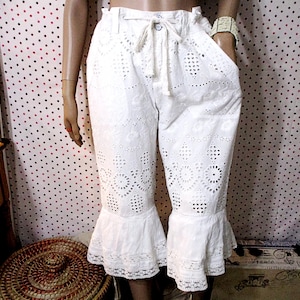 Bloomers Ruffled Pantaloons, Bohemian Prairie Pants, Eyelet Cotton, Lace Boho Embroidery Bloomers