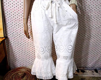 Bloomers Ruffled Pantaloons, Bohemian Prairie Pants, Eyelet Cotton, Lace Boho Embroidery Bloomers