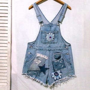 Upcycled Cropped Overalls, Size Medium, Bohemian Patchwork, City & Country Overalls, One-of-a-Kind