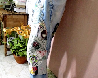 Patchwork Jeans Women, Upcycled Clothing, Boho-Hippie Pants, Bleach Distressed