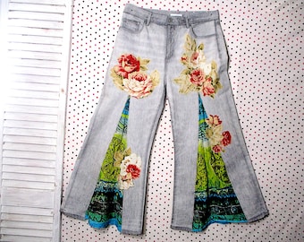 Patchwork Jeans, Flare Jeans, Hippie Jeans, Wide Leg Jeans, Boho Jeans, Eco Friendly