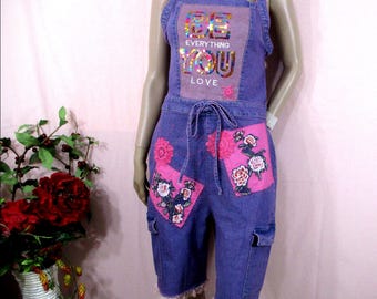 Knee-Length Jumpsuit, Blue Denim, Embroidered Sequins, Applique and Patchwork