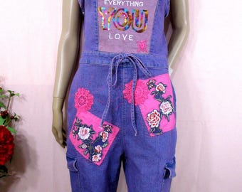 Knee-Length Jumpsuit, Blue Denim, Embroidered Sequins, Applique and Patchwork