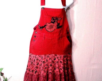 Upcycled Denim Dress, Adjustable Bib Overalls, Floral Ruffle Skirt