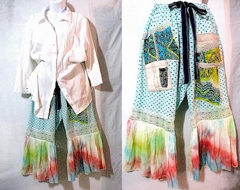 Ruffled Bell Bottom Pantaloons: Bohemian Patchwork Cotton Capris