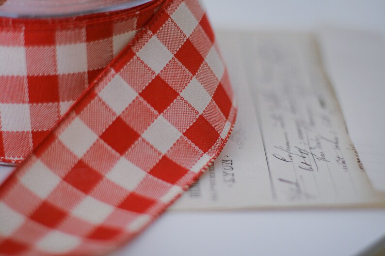 Red and Ivory Buffalo Check Wired Ribbon 2.5 Wide image 2