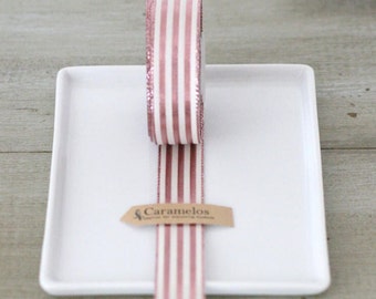 25 Yards of Pink and White Stripe Metallic Stripe Ribbon 7/8"