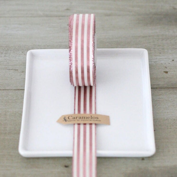25 Yards of Pink and White Stripe Metallic Stripe Ribbon 7/8"
