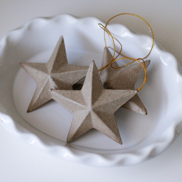 Set of 3 Small Paper Mache 3D Kraft Paper Star Ornaments 3"