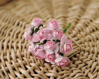 144 Small Two Tone Pink/White Millinery Vintage Style Paper Roses/Flowers