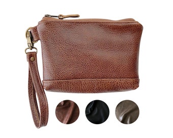 Wristlet | Customize in Brown, Black, or Gray fullgrain pebbly leather | Customize Your Leather Zipper Wristlet Wallet | Made in USA