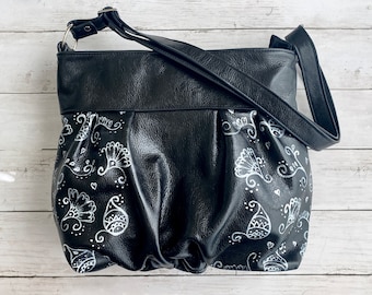Ruche Mini Hobo Bag in Glossy Black, Hand painted Floral, Jenny N, Made in Texas, Made in USA, American Handmade