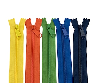 YKK Nylon Long Pull Zippers, Assorted Colors (Yellow, Orange, Green, Blue, Navy Blue) closed bottom nylon teeth, 12 inch, 5 pieces