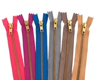 Metal Zippers - YKK Assorted Colors closed bottom brass teeth, 12 inch, 6 pieces