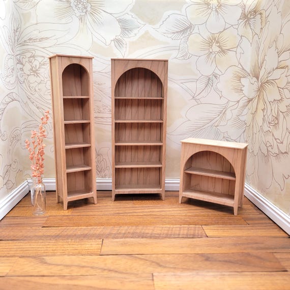 Miniature Bookcase Kit in 1:12 scale, arch top bookshelves for dollhouse