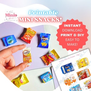 Puede incluir: Cajas de aperitivos en miniatura imprimibles, que incluyen Cheez-Its, Doritos, Fritos, galletas Goldfish y bocadillos de frutas Welch's. El conjunto imprimible incluye 16 cajas de aperitivos diferentes.