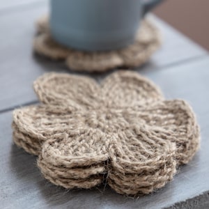Cute Coaster Set, Flower Crochet Coasters - Unique Home Decor Gift Idea, Jute Flower Drink Mug Rugs, Crochet Doilies