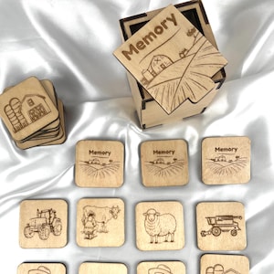 Gioco Memory in Legno - Tema Fattoria - Giocattolo Educativo per Bambini e Adulti - Carte in Legno Incise