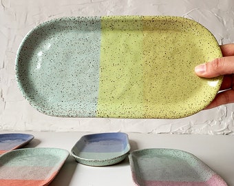 Handmade Stoneware Small Oval Tray, Modern Speckled Stoneware