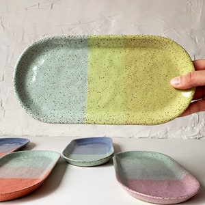 Handmade Stoneware Small Oval Tray, Modern Speckled Stoneware