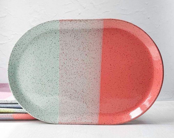 Handmade Stoneware Large Oval Tray, Modern Speckled Stoneware