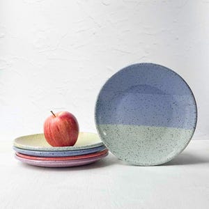 May include: A stack of four round ceramic plates with a speckled finish in shades of light blue, pink, and cream, topped with a single red apple. Beside the stack stands one additional round ceramic plate featuring a two-tone design of blue and light green with a speckled texture throughout the surface.