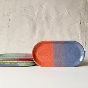 Handmade Stoneware Small Oval Tray, Modern Speckled Stoneware Sunset Cruise