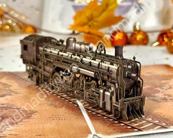 Uitvouwkaart - pop-up trein locomotiefkaart - fijne kerstkaart - liefdeskaart - verjaardagskaart - kerstkaart