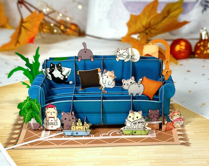 Pop Up Card - Pop Up Cat In Sofa Card - Happy Holiday Card - Love Card - Birthday Card - Christmas Card