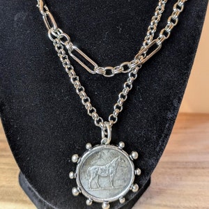 Chunky Horse Coin  double strand layering necklace, silver, 20&quot;