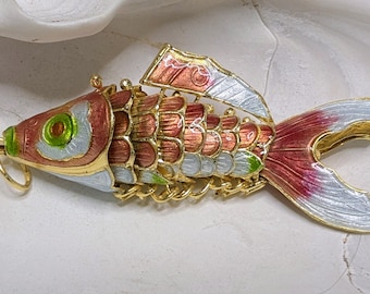 Cloisonne Koi Fish Pendant Necklace: Enamel Charm, Rose Quartz, White Lotus Style