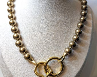 Vintage Gold Beaded Necklace: Porcelain Pearl Replica, Anchor Clasp, 16&quot;
