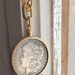 Morgan Dollar Coin Pendant Necklace: 24k Gold Paper Clip Chain
