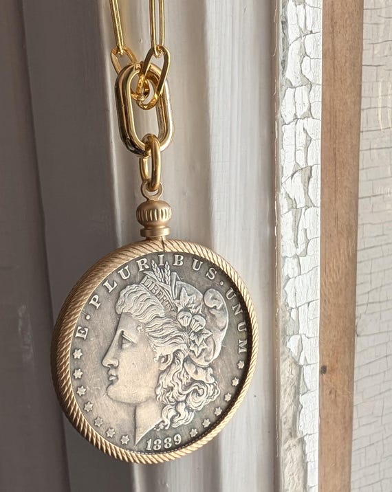 Morgan Dollar Coin Pendant Necklace: 24k Gold Paper Clip Chain