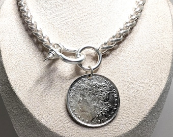Vintage silverhalsband med amerikanskt frihetsmynt: Vetevävd kedja