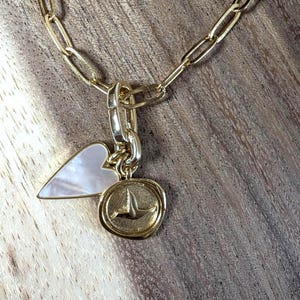 Dove & Mother of Pearl Heart Charm Necklace - Gold Paperclip Link
